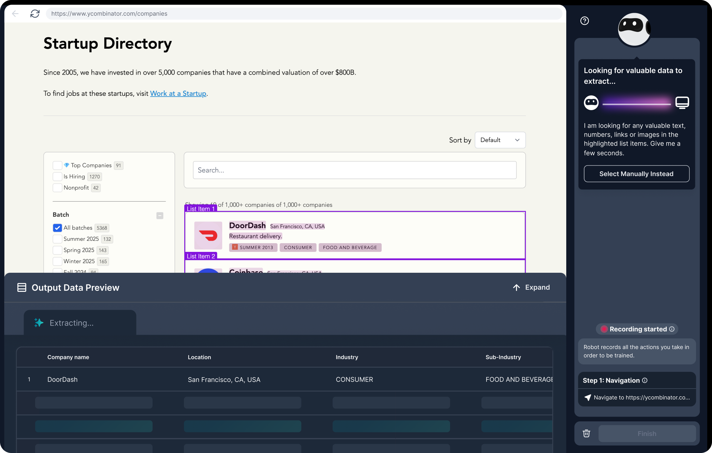 Browse AI web scraper data extraction interface