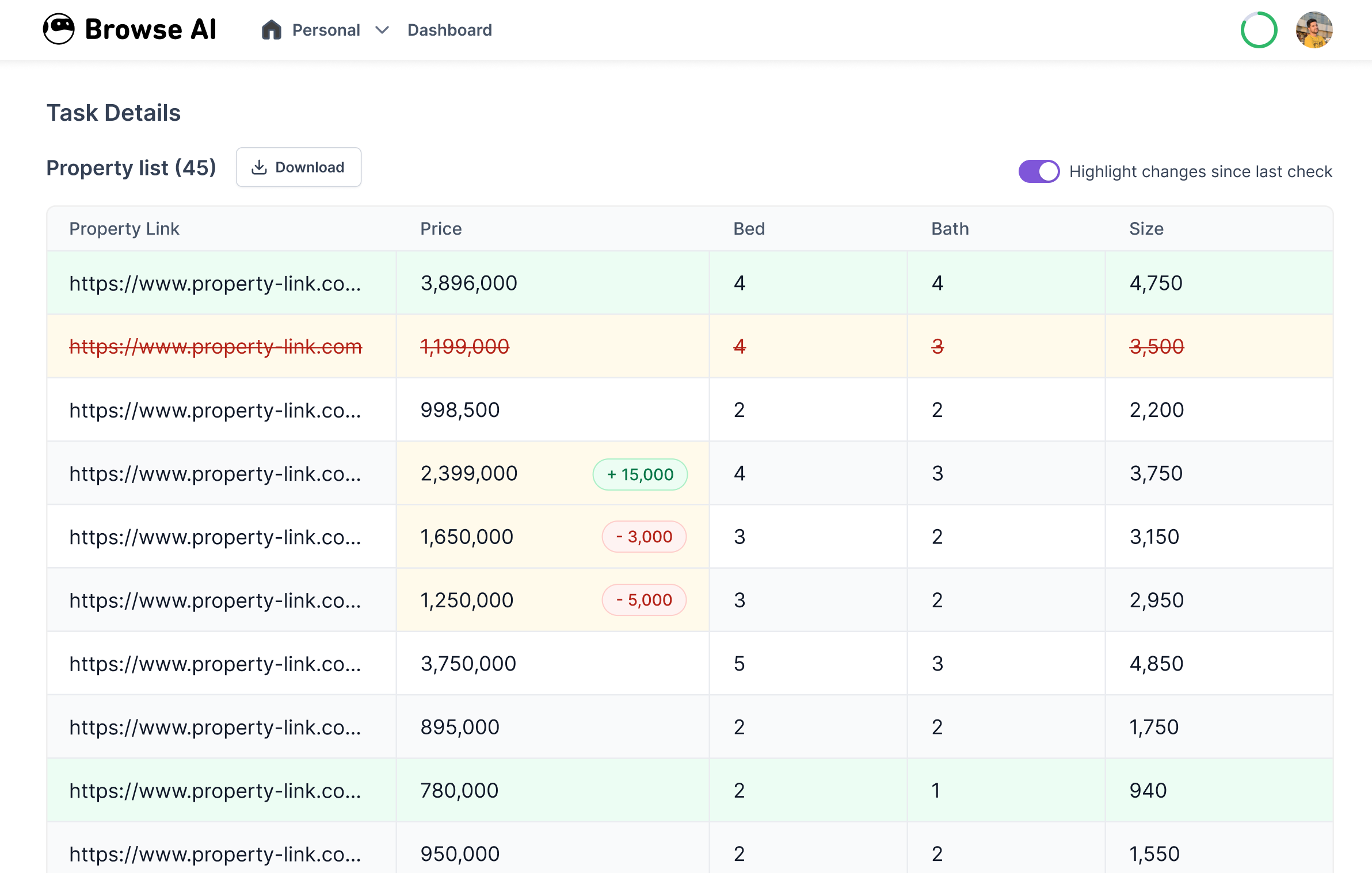 Browse AI website monitoring dashboard